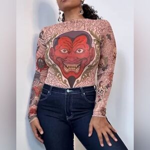Tattoo Graphic Long Sleeve See Thru Shirt Top Unisex Y2K small-medium